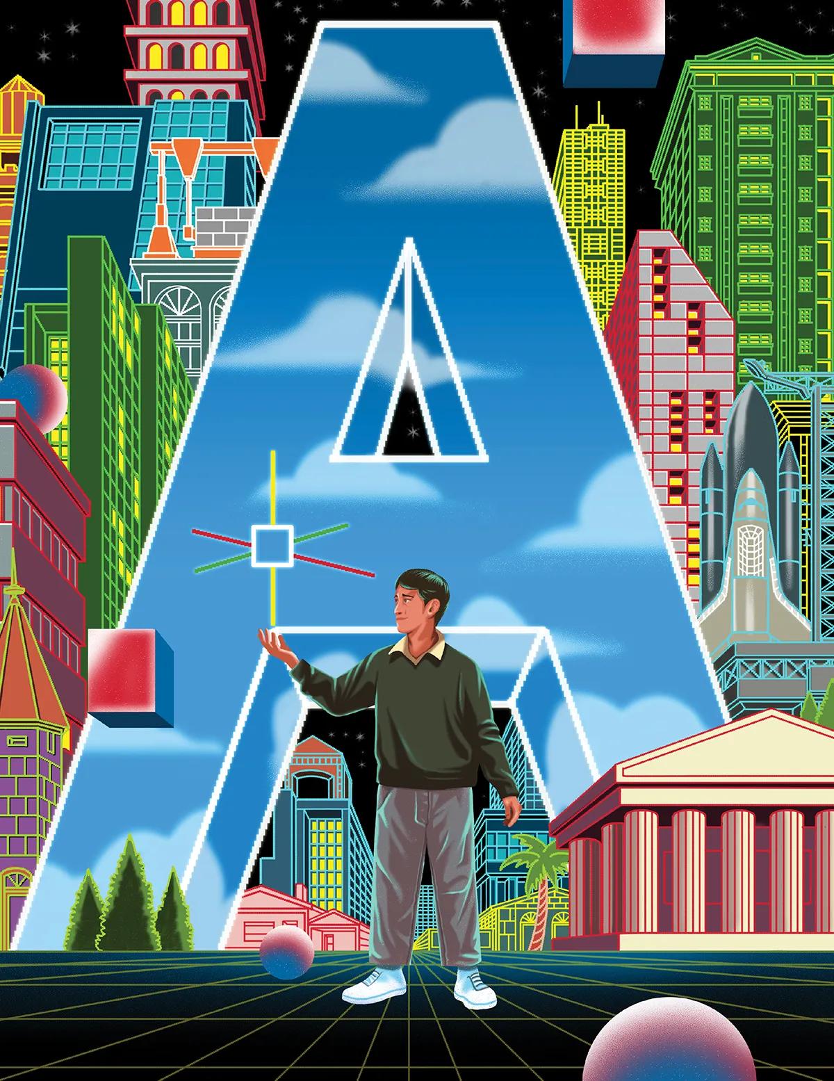 A stylized, colorful illustration. A man stands in the foreground, his hand outstretched toward a floating cube with lines extending from it, all framed within a colossal, clear, pixelated letter 'A'. The background is a futuristic cityscape of neon-outlined buildings and a space shuttle, all under a starry, cloudy sky.