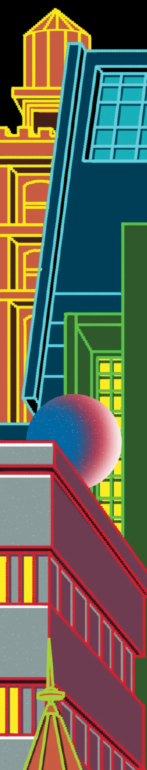 A vertical, stylized, colorful illustration of the tops of several futuristic, brightly outlined buildings, including shapes in red, orange, yellow, green, and deep blue. A pink and blue speckled sphere is visible near the center.