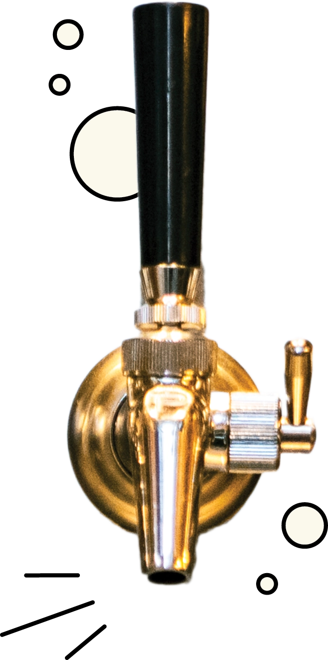 A close-up, isolated shot of a shiny brass beer tap handle with a black lever.