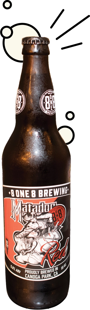 A close-up shot of a dark brown bottle of 8one8 Brewing Matador Red beer, showing the red and white label.