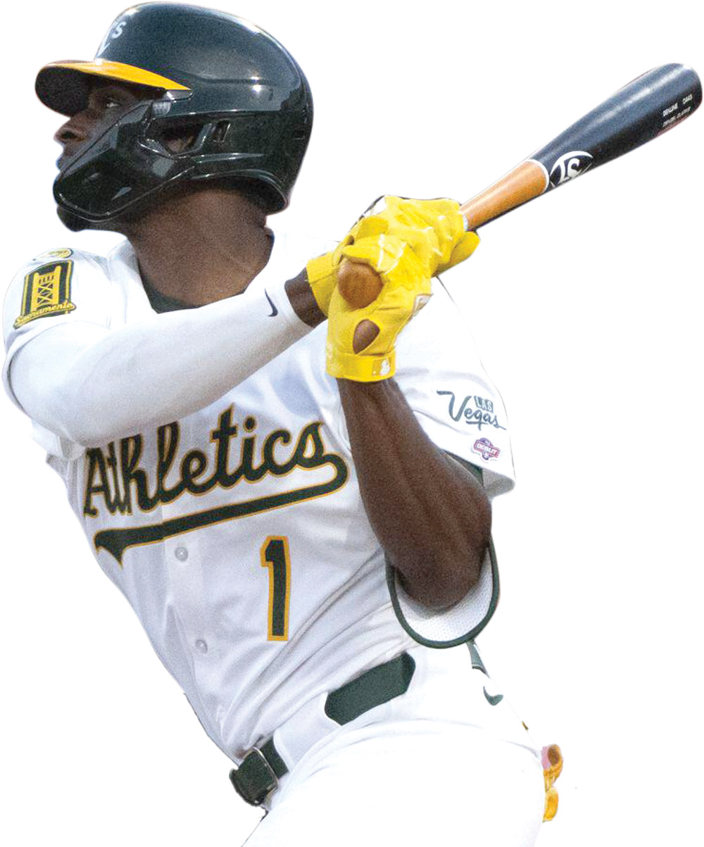 Baseball player in an Oakland Athletics uniform and batting helmet with bright yellow batting gloves, swinging a bat in a powerful upward motion.