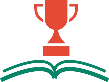An icon of a red trophy cup resting above an open green book.