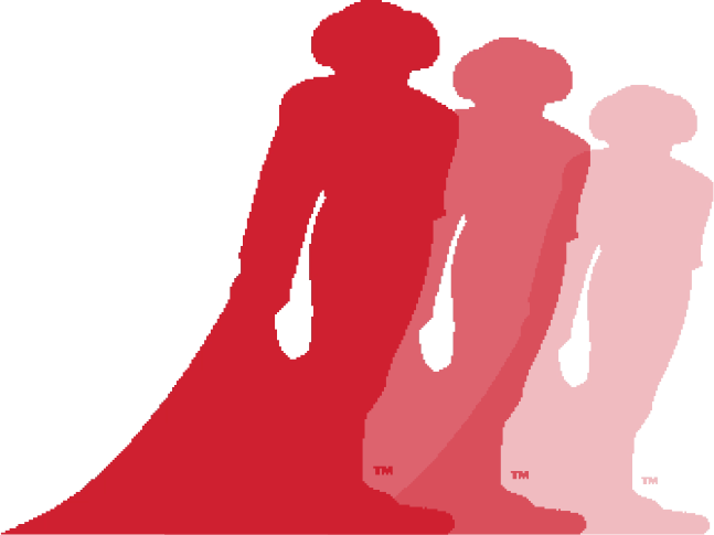 A solid red silhouette icon depicting three people standing side-by-side with arms around each other's shoulders.