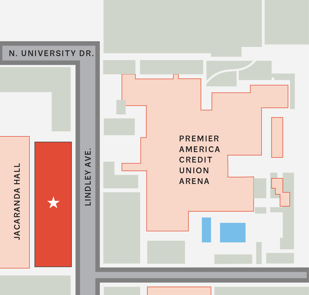 Map section showing Jacaranda Hall, the Premier America Credit Union Arena, and surrounding streets N. University Drive and Lindley Avenue.
