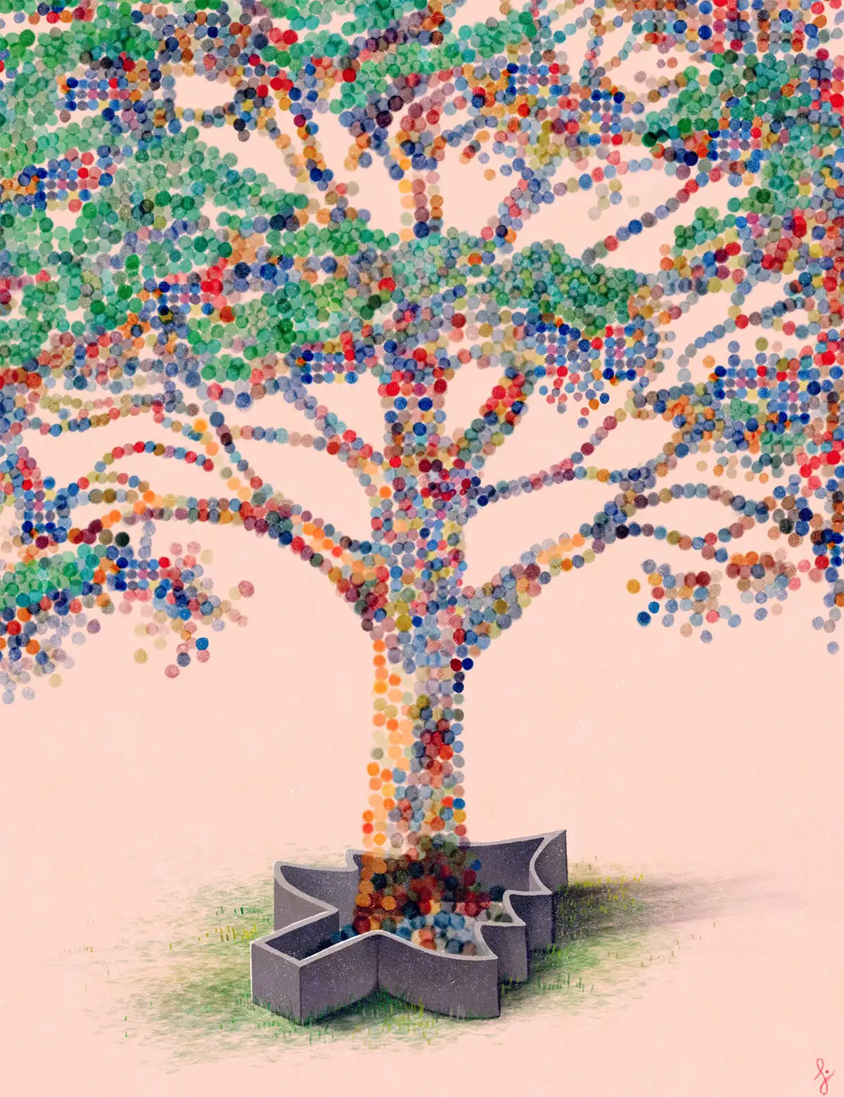 An illustration of a tree with a trunk and leaves made of thousands of small, multicolored dots. The base of the tree's trunk grows out of a gray, puzzle-piece-shaped planter, with multicolored spheres filling the bottom, symbolizing the growth of diverse minds.