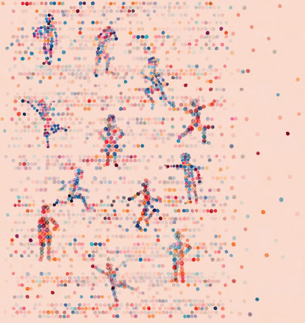 An abstract image showing the silhouettes of several figures in various poses, fading out to the right. The figures are composed entirely of small, multicolored, scattered dots against a light background, representing diversity and data.