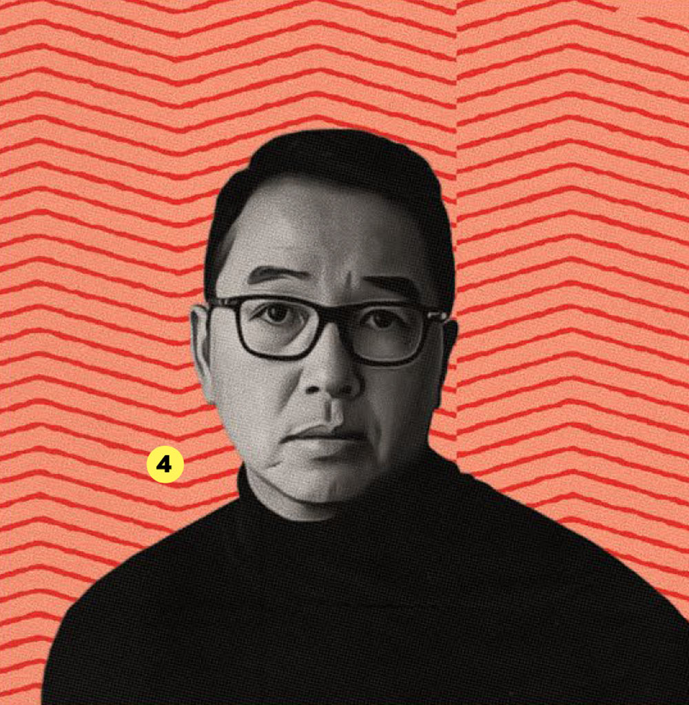 A black-and-white portrait of a man wearing glasses and a turtleneck sweater, set against a red background with a wavy chevron pattern.