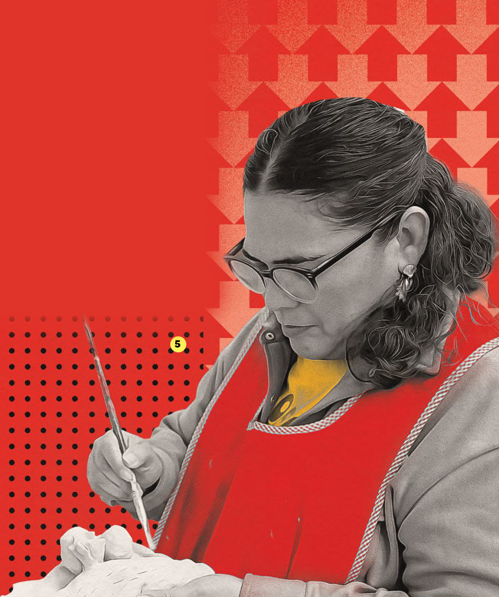 A black-and-white image of a woman in an apron and glasses carefully painting a sculpture, set against a red background with an arrow pattern.