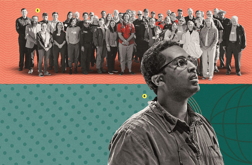 A collage featuring a large group of people standing together and a close-up portrait of a person looking upward.