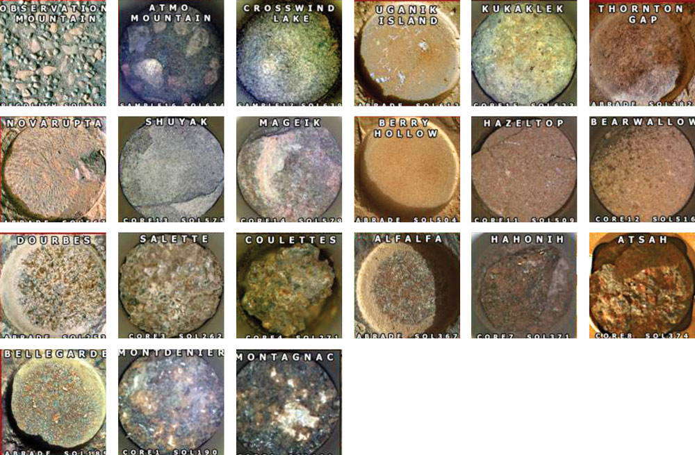 A grid of 21 close-up circular photos showing diverse rock samples from Mars, each labeled with a unique site name and code.