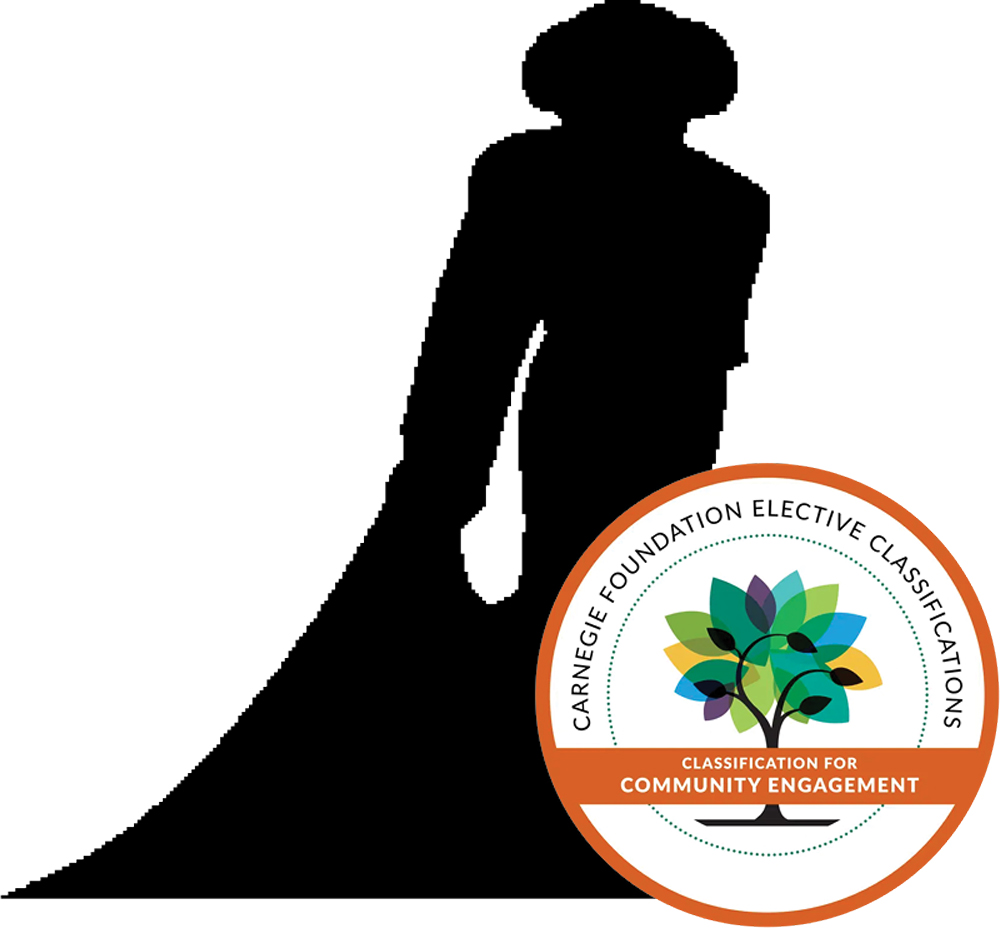 A black silhouette of a graduate next to the Carnegie Foundation Classification for Community Engagement logo.
