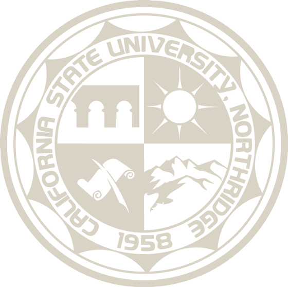 Cal State University, Northridge seal in light beige on a white background.