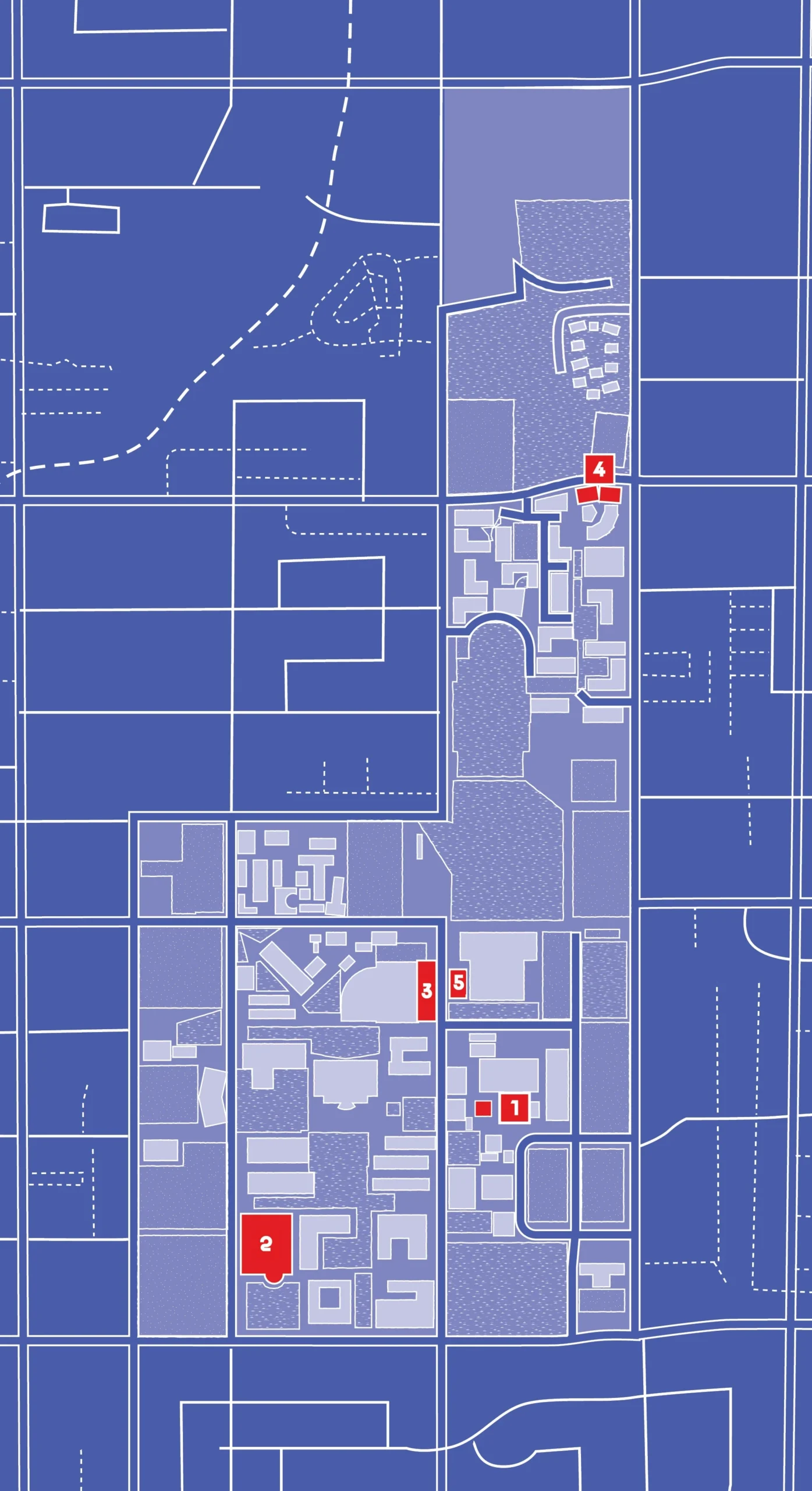 Illustrated blue campus map with five red markers showing locations of new or planned CSUN campus buildings.
