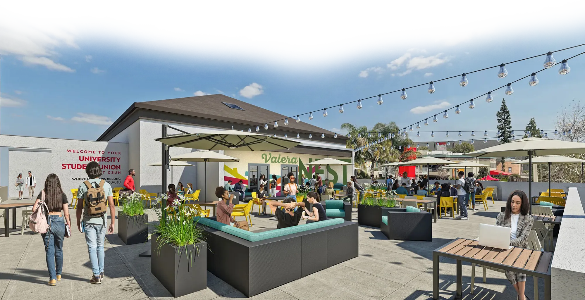 Rendering of students gathering in the outdoor seating area at the Valera NEST and CSUN University Student Union.