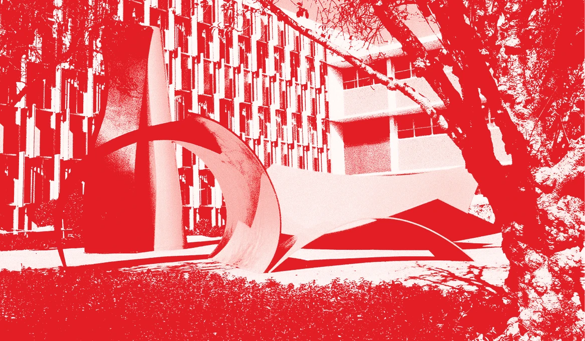 Red-toned image of a CSUN campus sculpture and building facade, used as a graphic treatment for the article.