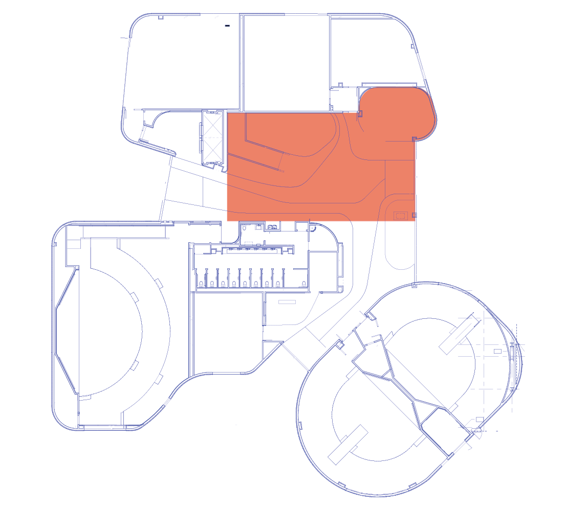 Architectural floor plan with a highlighted orange area showing part of the Goodman Hall layout.