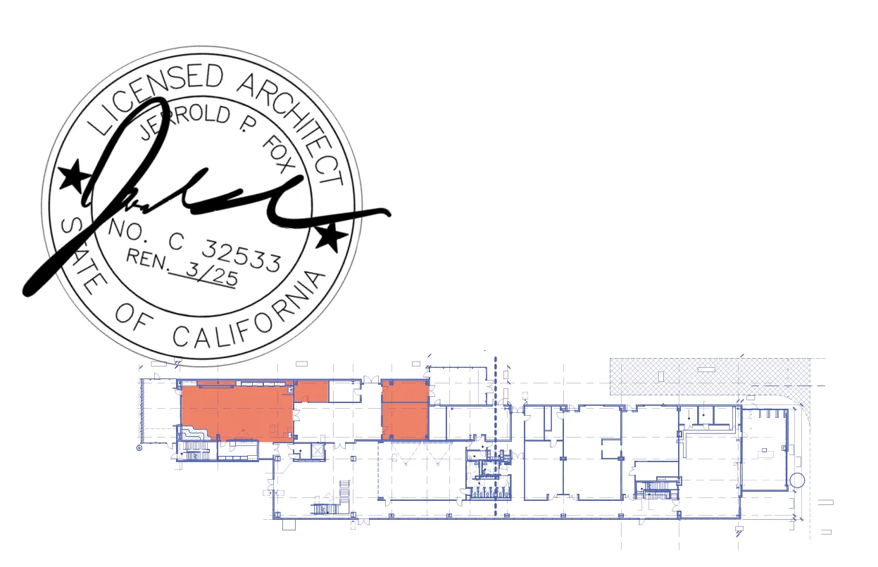 Architectural floor plan with orange highlighted sections and a licensed architect stamp.