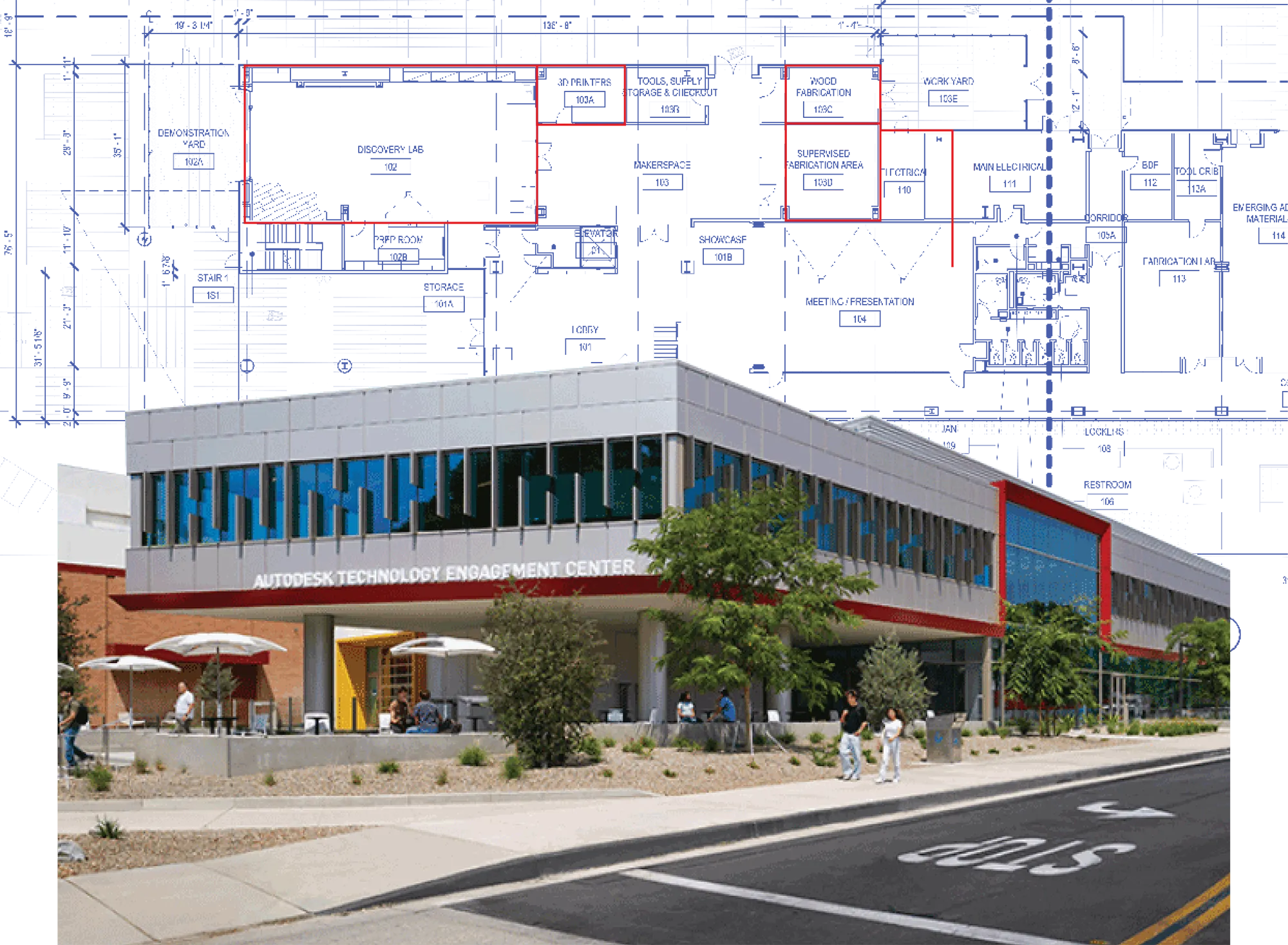 Exterior of CSUN’s Autodesk Technology Engagement Center with students walking near the building.