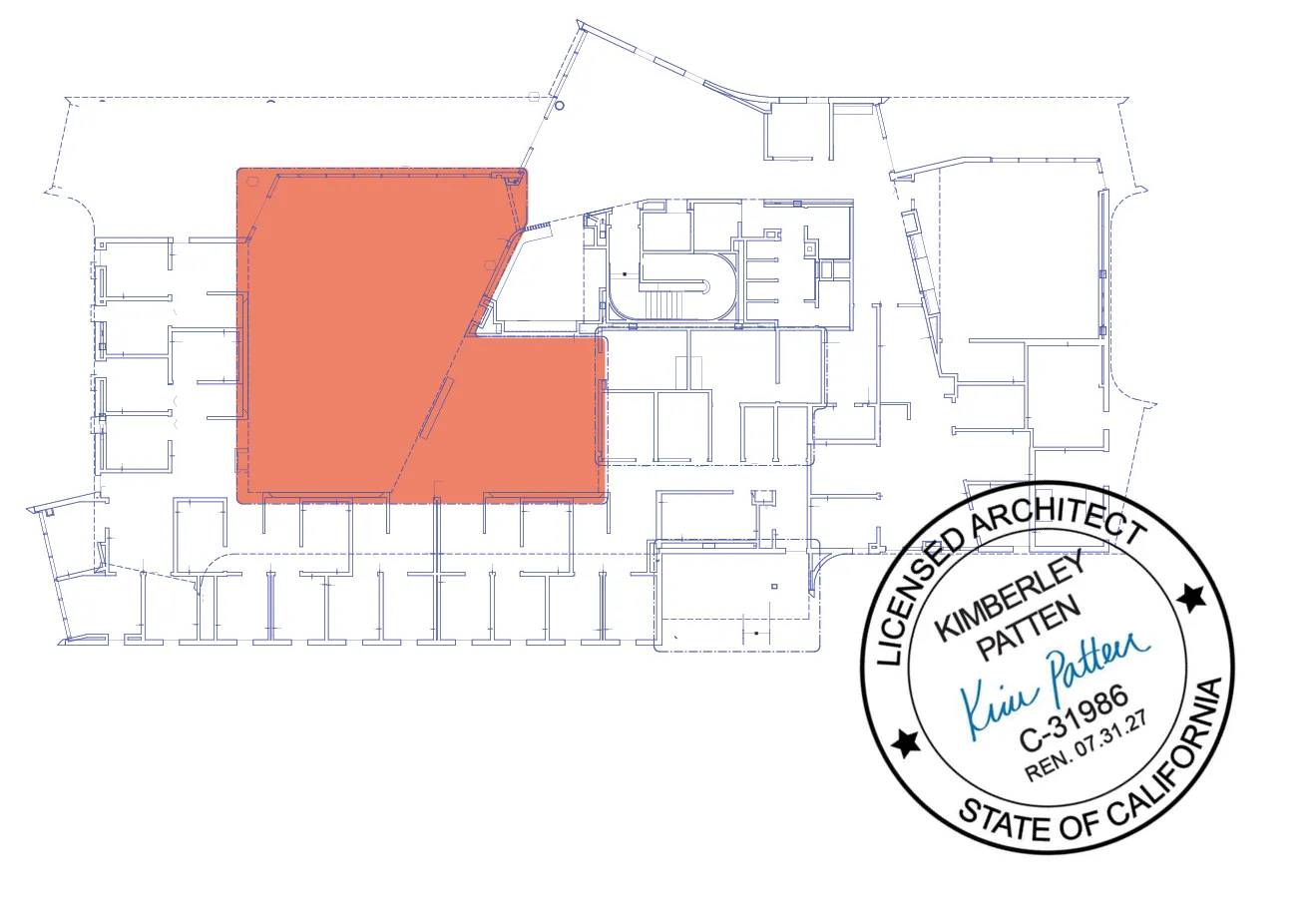 Architectural floor plan with an orange highlighted section and a licensed architect stamp.