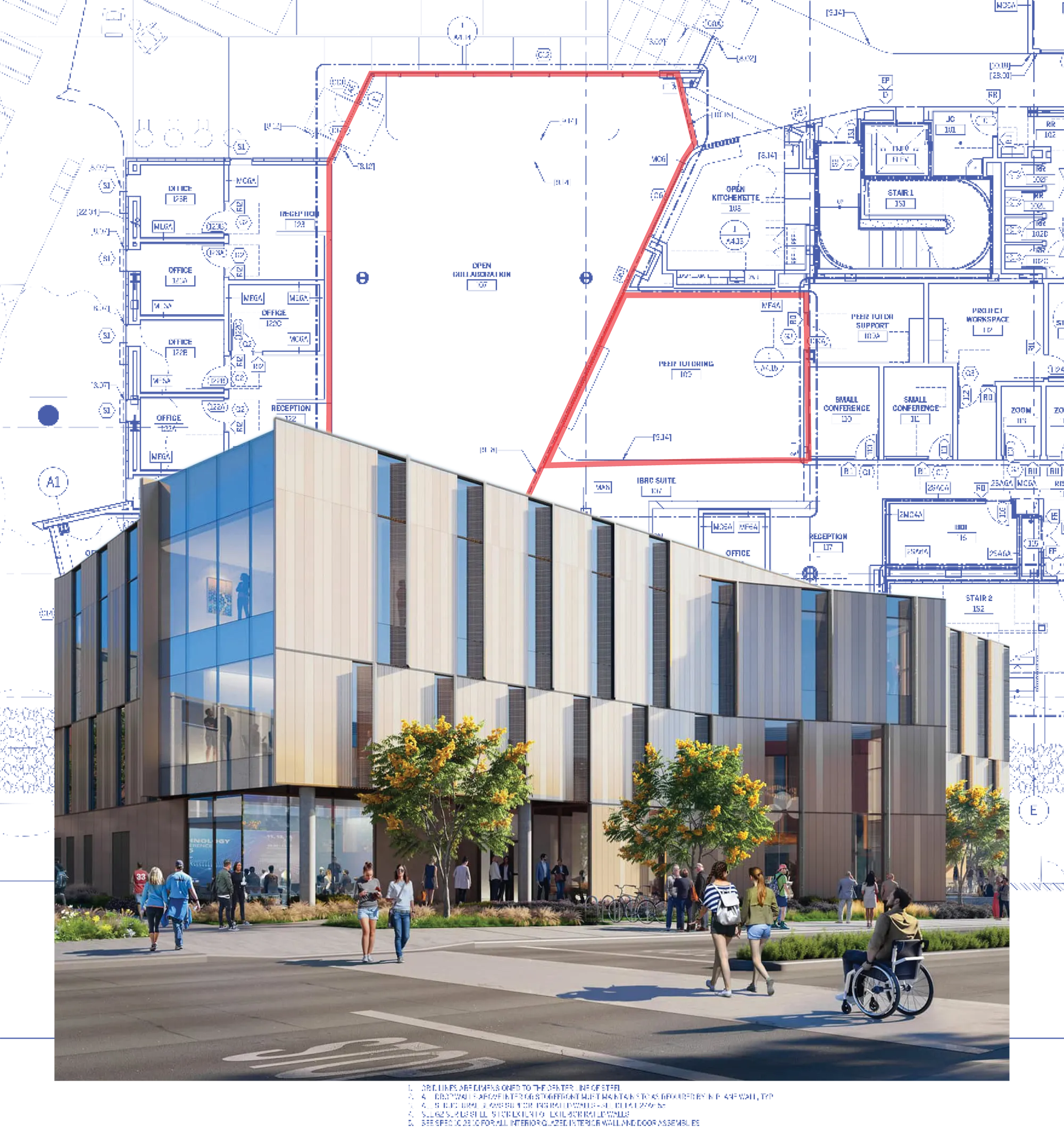 Rendering of a modern CSUN academic building with students walking outside, shown over a blueprint-style floor plan background.