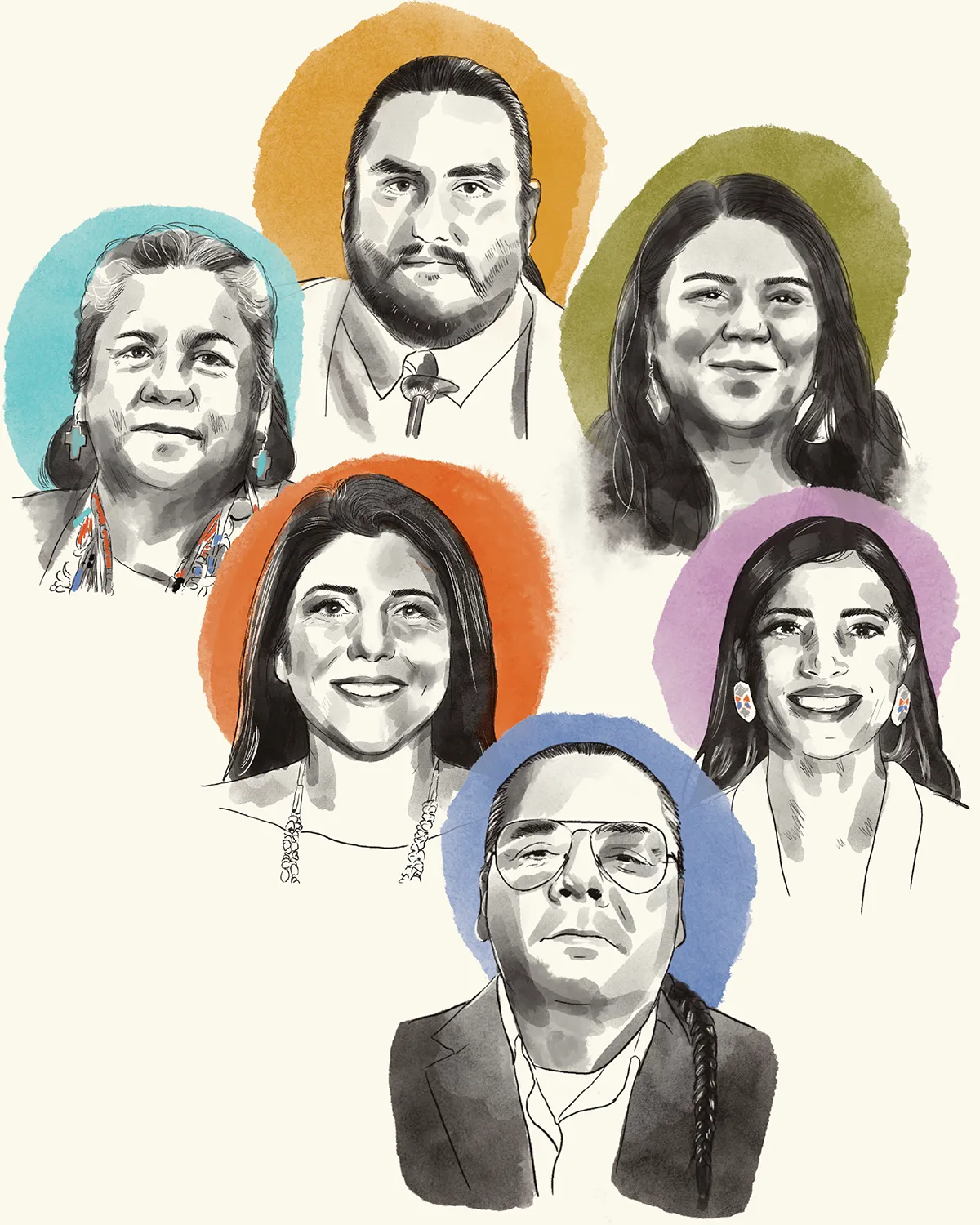 Stylized portraits of six people with Indigenous heritage, each set against a different colored circular background.