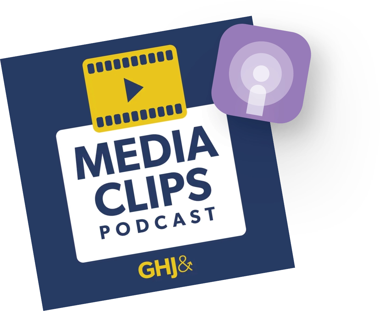 Logo for the Media Clips Podcast by GHJ featuring film strip and podcast icons.