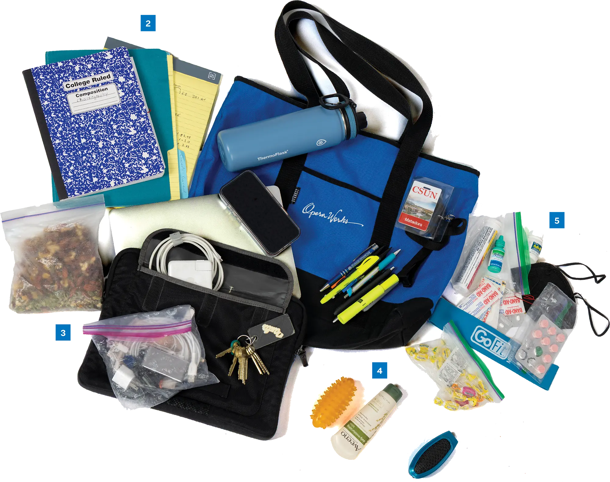 A blue Opera Works tote bag surrounded by organized items including notebooks, water bottle, lotion, and cables.