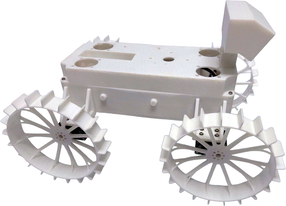 A 3D-printed white robotic rover prototype with large spoked wheels.